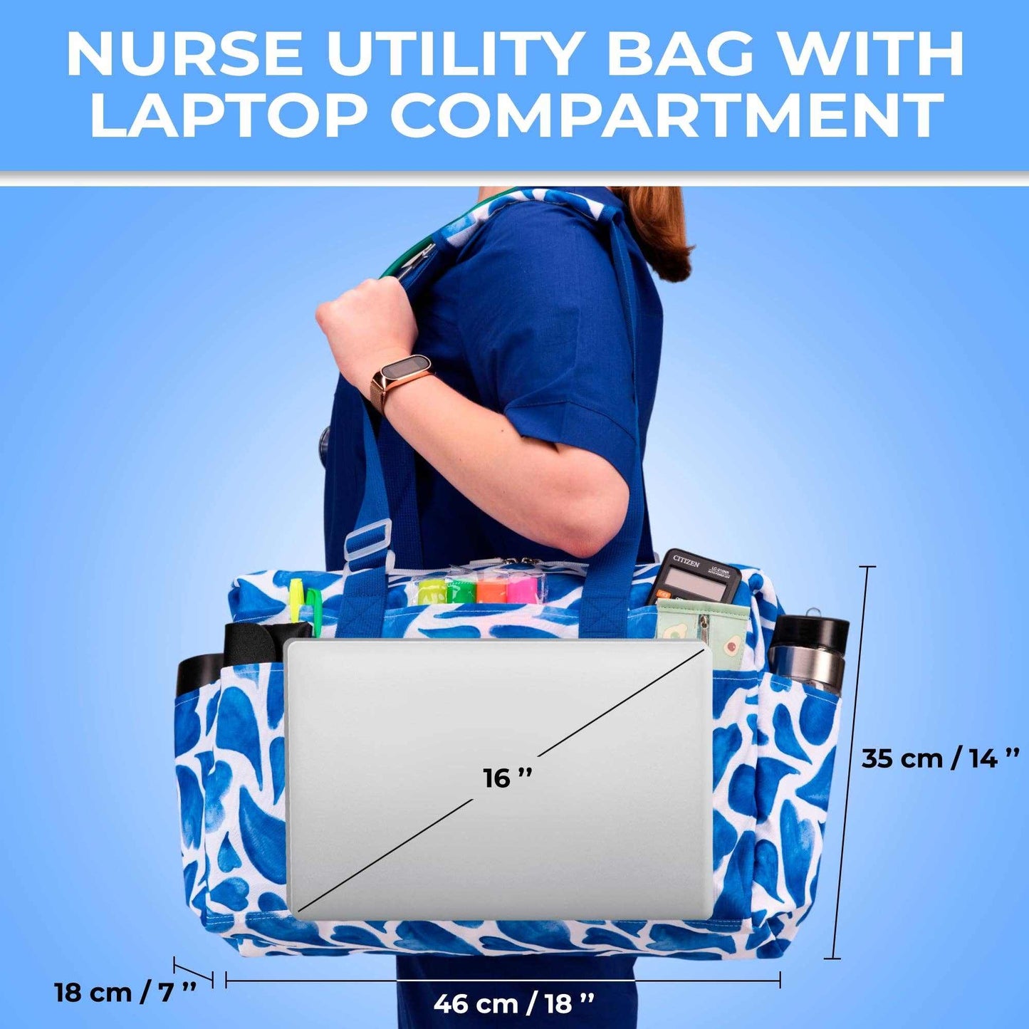 Nurse Bag and Utility Tote | Waterproof | Blue HeartsGrab Your Large SHYLERO Utility Bag and Enjoy: 

 * 14 OUTSIDE POCKETS 
 * 7 INSIDE POCKETS 
 * DEDICATED LAPTOP COMPARTMENT (UP TO 17") 
 * LARGE &amp; ROOMY - sizetoteNurse BagSHYLEROScrub Angel & Accessories 