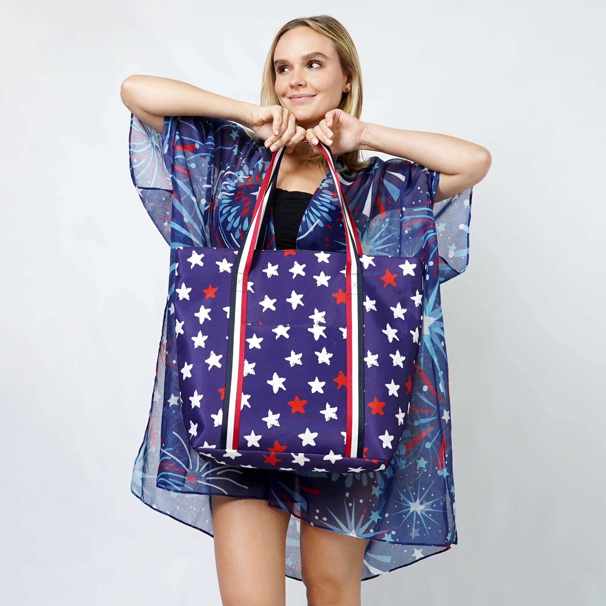 American Flag Print Summer Tote BagAmerican Flag Print Tote Bag 

- Zipper Closure
- One Small Zipped Pocket Inside
- Size: 15.25" L x 19" W (5.5" Wide Bottom)
- 100% Polyester

**Light Weight, PerfecAmerican Flag Print Summer Tote BagFashion CityScrub Angel & Accessories 