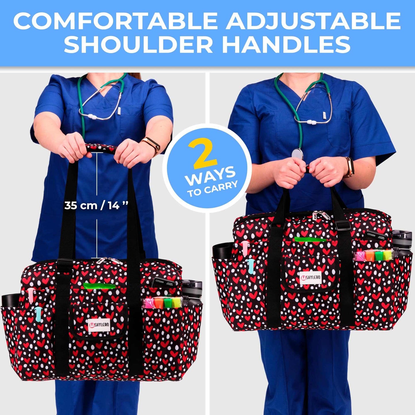 Nurse Bag and Utility Tote | Waterproof | Red HeartsGrab Your Large SHYLERO Utility Bag and Enjoy: 

 * 14 OUTSIDE POCKETS 
 * 7 INSIDE POCKETS 
 * DEDICATED LAPTOP COMPARTMENT (UP TO 17") 
 * LARGE &amp; ROOMY - size