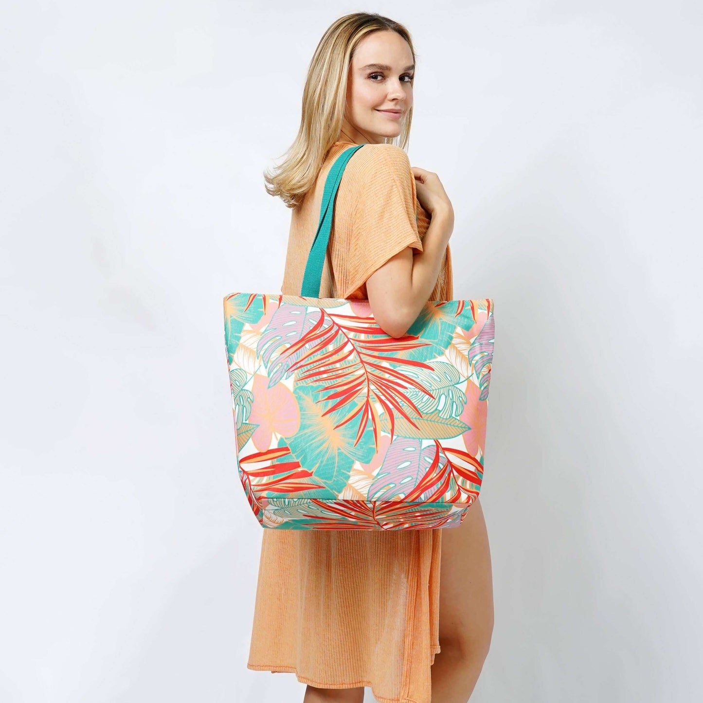 Tropical Leaves Print Summer Tote BagTropical Leaves Print Tote Bag 

- Zipper Closure
- One Small Zipped Pocket Inside
- Size: 15.25" L x 19" W (5.5" Wide Bottom)
- 100% Polyester

**Light Weight, PerfTropical Leaves Print Summer Tote BagFashion CityScrub Angel & Accessories 