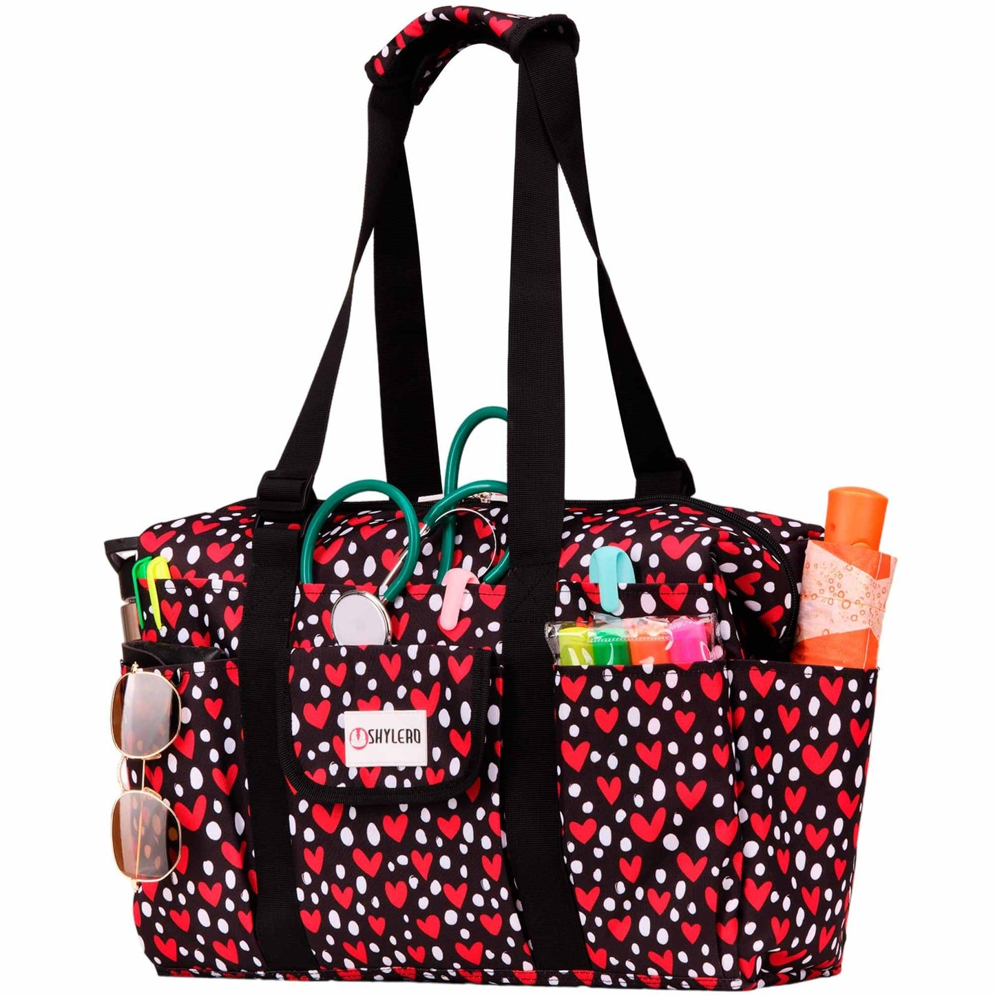 Nurse Bag and Utility Tote | Waterproof | Red HeartsGrab Your Large SHYLERO Utility Bag and Enjoy: 

 * 14 OUTSIDE POCKETS 
 * 7 INSIDE POCKETS 
 * DEDICATED LAPTOP COMPARTMENT (UP TO 17") 
 * LARGE &amp; ROOMY - size