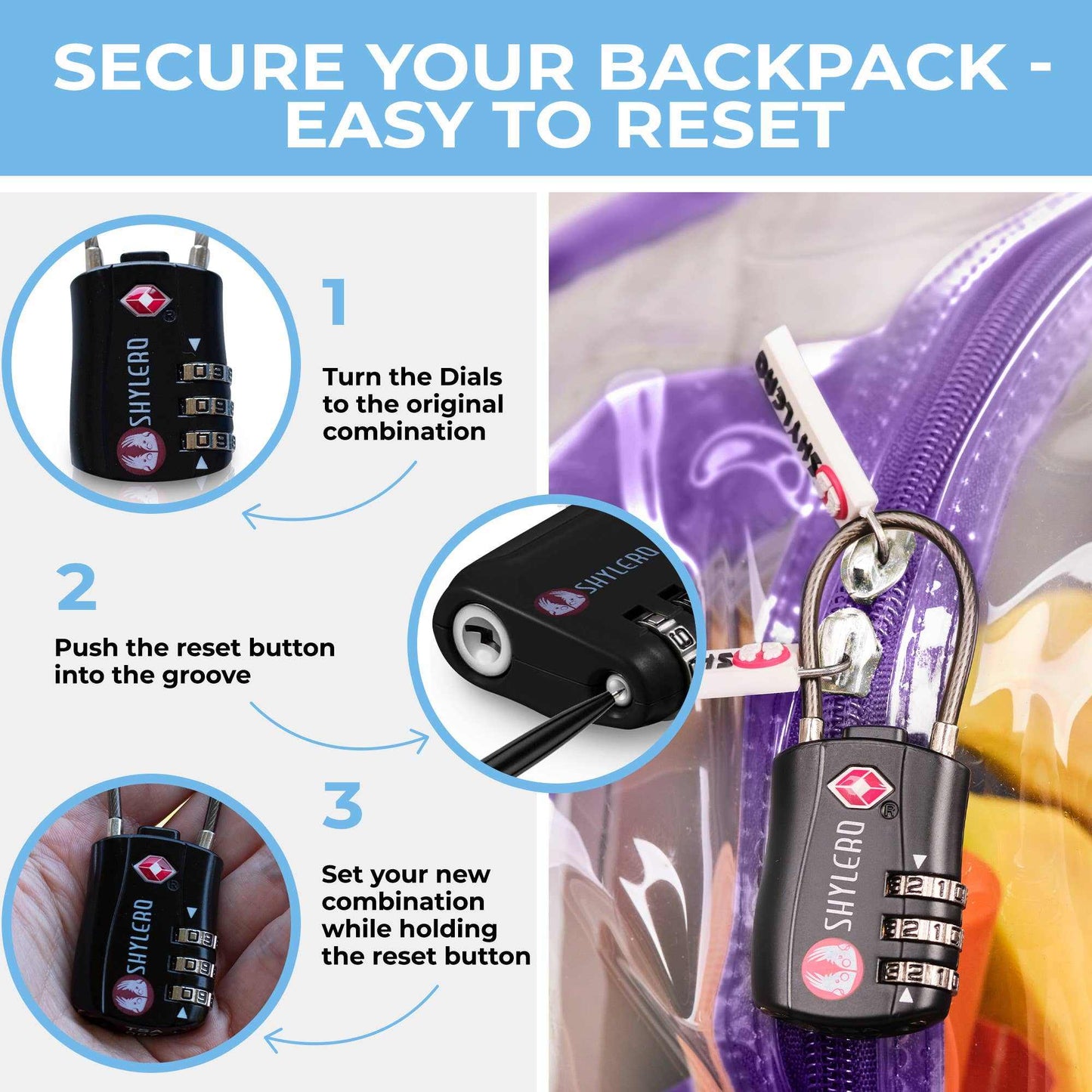 Clear Backpack For School XL | Top YKK® Zip | Purple RhinoGrab Your Large Clear Transparent Backpack from SHYLERO and Enjoy:

-DURABLE HEAVY-DUTY CLEAR PVC 
-BONUS TSA APPROVED ANTI-THEFT LOCK - to keep your items safe
-Fre