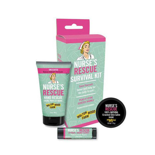 Nurse's Rescue Survival Kit911 for cracked and dry skin with this super-hydrating trio: 2 oz Peppermint Hand Rescue with barrier for frequent hand washing, .5 oz Cracked Skin and Lip Salve, 10