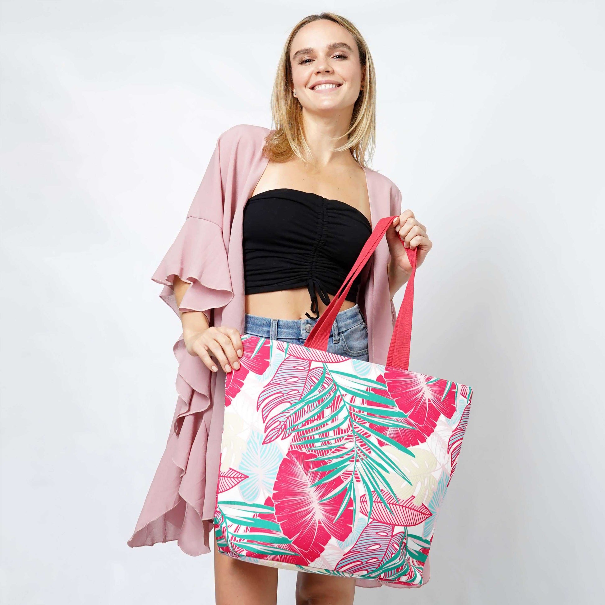 Tropical Leaves Print Summer Tote BagTropical Leaves Print Tote Bag 

- Zipper Closure
- One Small Zipped Pocket Inside
- Size: 15.25" L x 19" W (5.5" Wide Bottom)
- 100% Polyester

**Light Weight, PerfTropical Leaves Print Summer Tote BagFashion CityScrub Angel & Accessories 