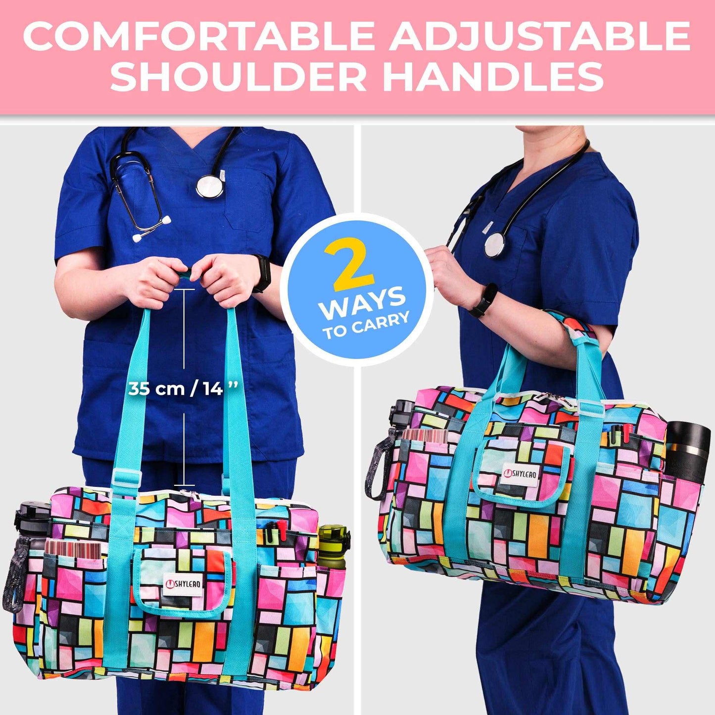 Nurse Bag and Utility Tote | Waterproof | Bright SquaresGrab Your Large SHYLERO Utility Bag and Enjoy: 

 * 14 OUTSIDE POCKETS 
 * 7 INSIDE POCKETS 
 * DEDICATED LAPTOP COMPARTMENT (UP TO 17") 
 * LARGE &amp; ROOMY - size