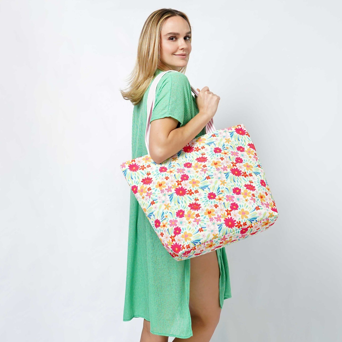 Colorful Floral Print Summer Tote BagFloral Print Tote Bag 

- Zipper Closure
- One Small Zipped Pocket Inside
- Size: 15.25" L x 19" W (5.5" Wide Bottom)
- 100% Polyester

**Light Weight, Perfect for SColorful Floral Print Summer Tote BagFashion CityScrub Angel & Accessories 