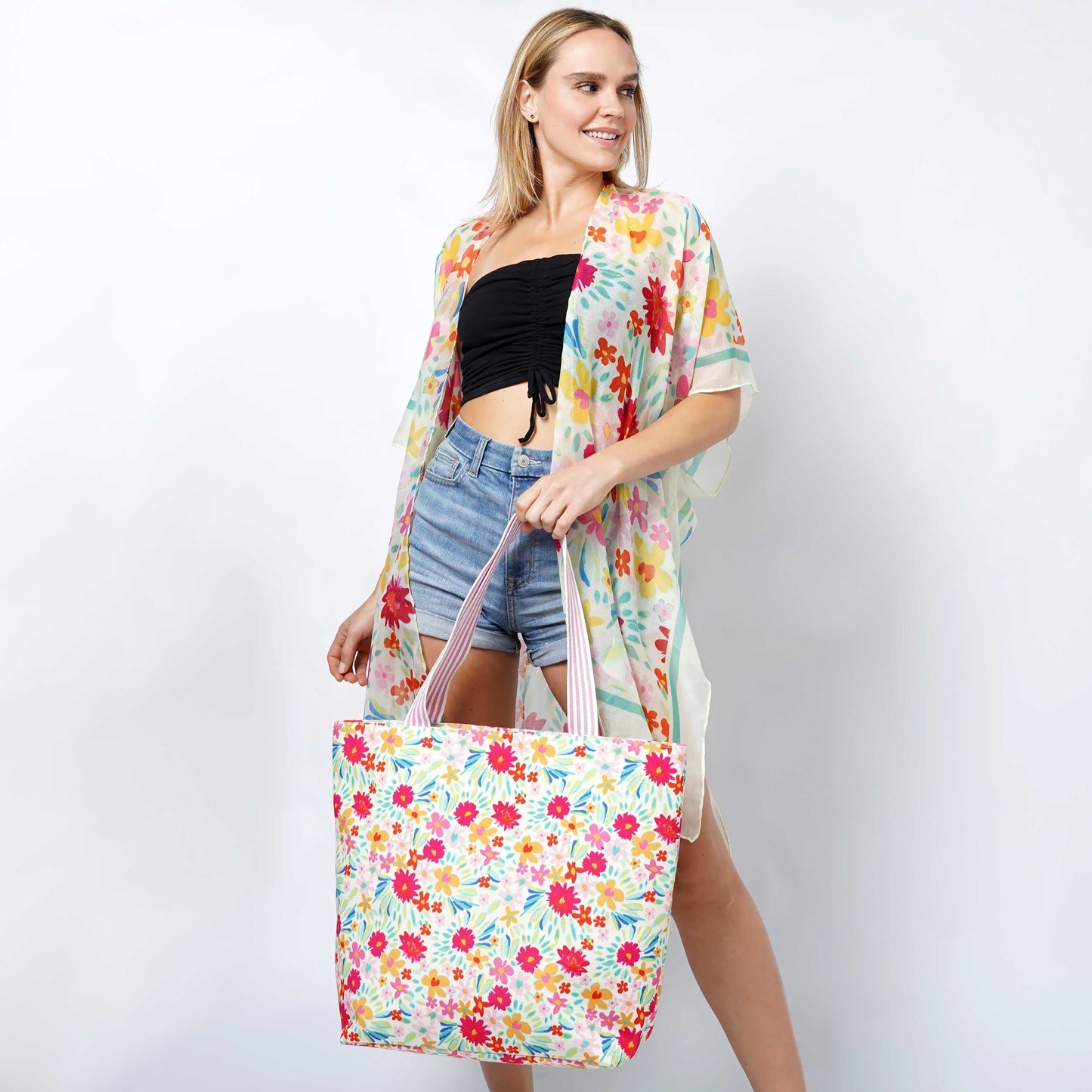 Colorful Floral Print Summer Tote BagFloral Print Tote Bag 

- Zipper Closure
- One Small Zipped Pocket Inside
- Size: 15.25" L x 19" W (5.5" Wide Bottom)
- 100% Polyester

**Light Weight, Perfect for SColorful Floral Print Summer Tote BagFashion CityScrub Angel & Accessories 