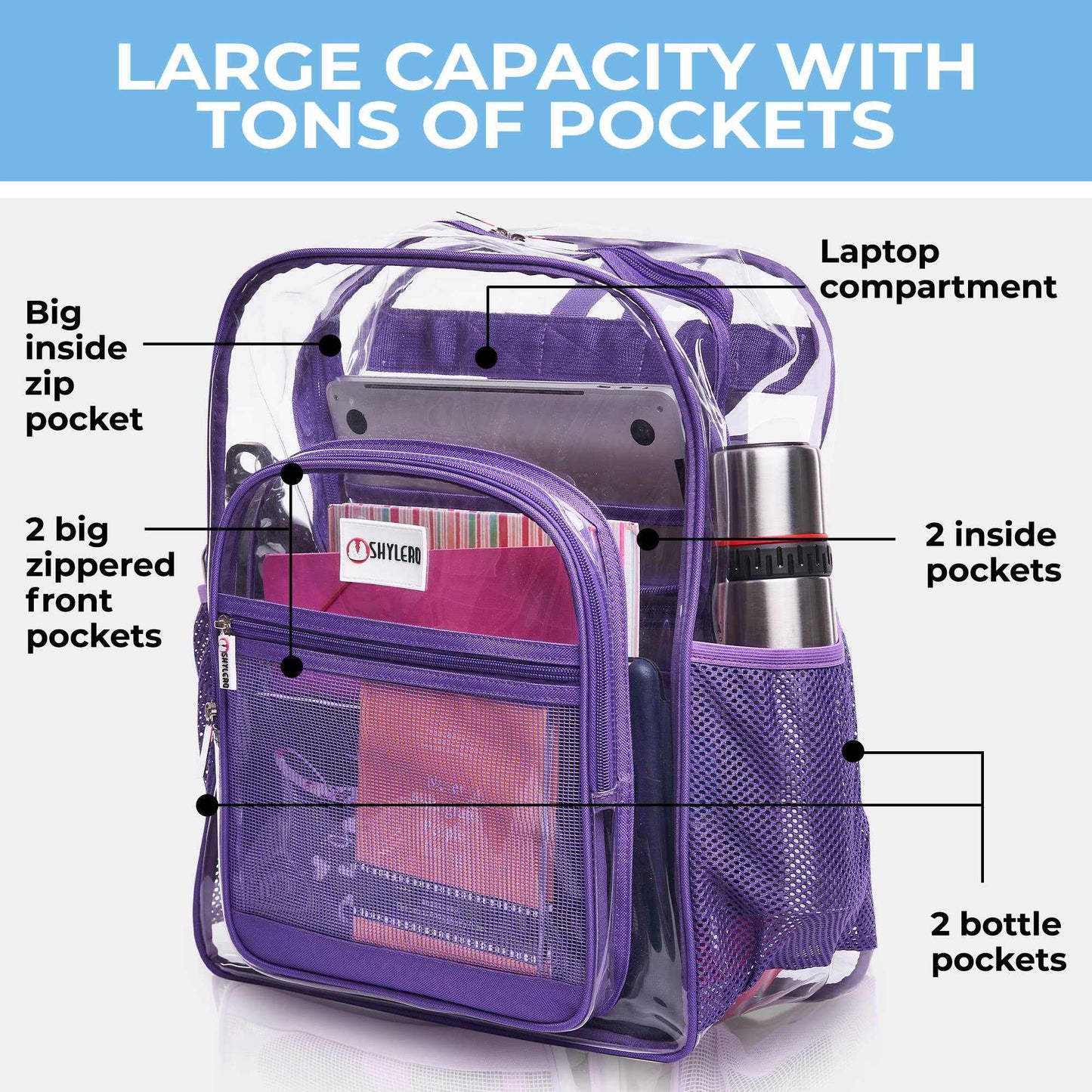 Clear Backpack For School XL | Top YKK® Zip | Purple RhinoGrab Your Large Clear Transparent Backpack from SHYLERO and Enjoy:

-DURABLE HEAVY-DUTY CLEAR PVC 
-BONUS TSA APPROVED ANTI-THEFT LOCK - to keep your items safe
-Fre