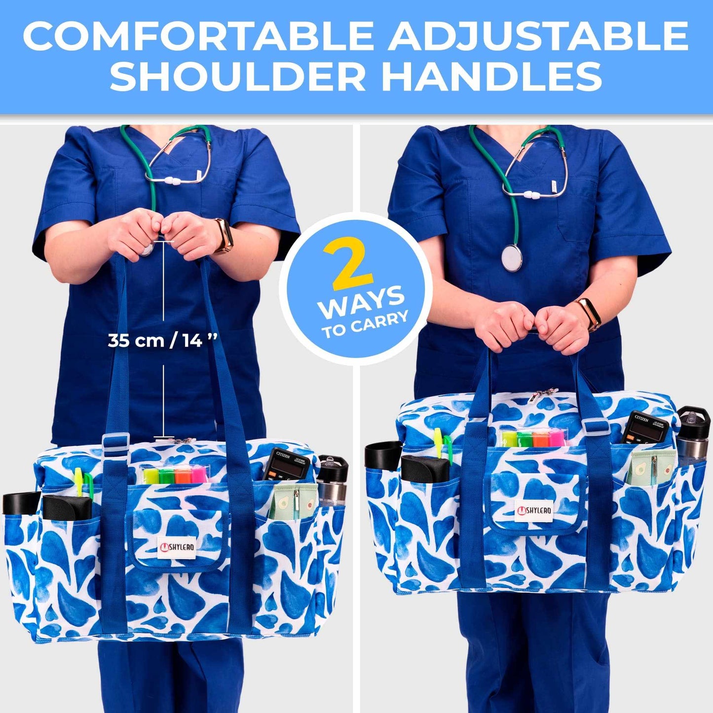 Nurse Bag and Utility Tote | Waterproof | Blue HeartsGrab Your Large SHYLERO Utility Bag and Enjoy: 

 * 14 OUTSIDE POCKETS 
 * 7 INSIDE POCKETS 
 * DEDICATED LAPTOP COMPARTMENT (UP TO 17") 
 * LARGE &amp; ROOMY - sizetoteNurse BagSHYLEROScrub Angel & Accessories 