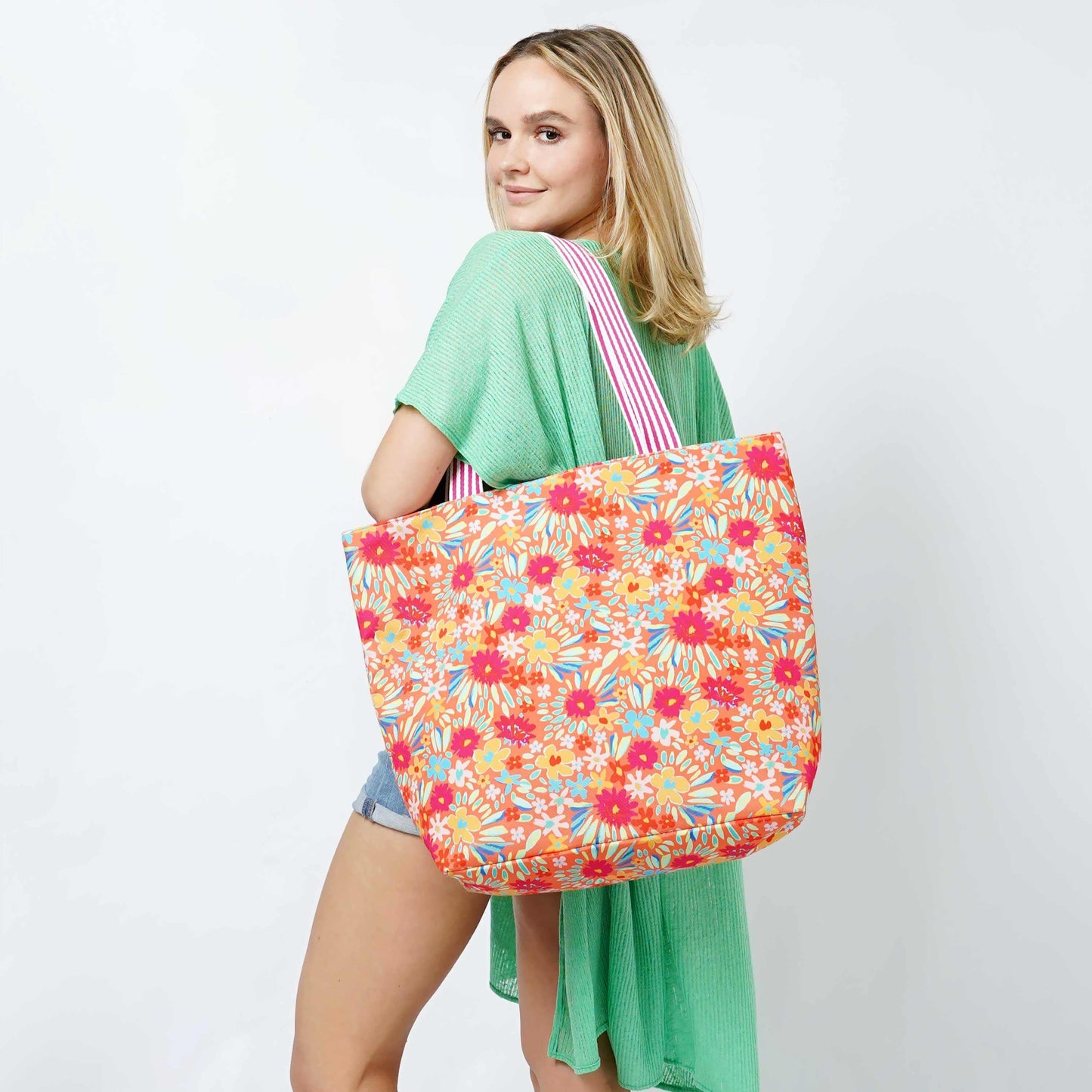 Colorful Floral Print Summer Tote BagFloral Print Tote Bag 

- Zipper Closure
- One Small Zipped Pocket Inside
- Size: 15.25" L x 19" W (5.5" Wide Bottom)
- 100% Polyester

**Light Weight, Perfect for SColorful Floral Print Summer Tote BagFashion CityScrub Angel & Accessories 