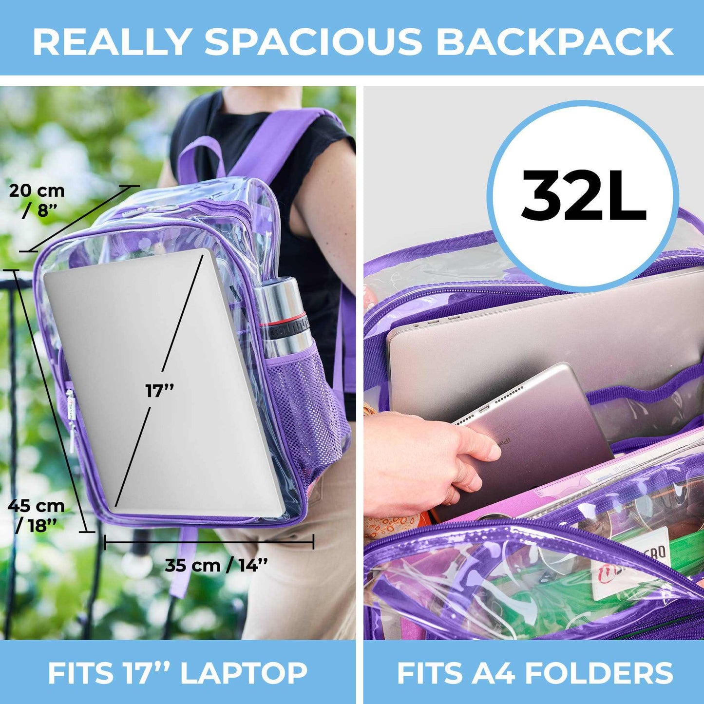 Clear Backpack For School XL | Top YKK® Zip | Purple RhinoGrab Your Large Clear Transparent Backpack from SHYLERO and Enjoy:

-DURABLE HEAVY-DUTY CLEAR PVC 
-BONUS TSA APPROVED ANTI-THEFT LOCK - to keep your items safe
-Fre