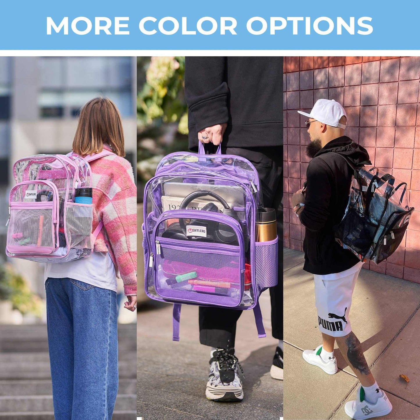 Clear Backpack For School XL | Top YKK® Zip | Purple RhinoGrab Your Large Clear Transparent Backpack from SHYLERO and Enjoy:

-DURABLE HEAVY-DUTY CLEAR PVC 
-BONUS TSA APPROVED ANTI-THEFT LOCK - to keep your items safe
-Fre