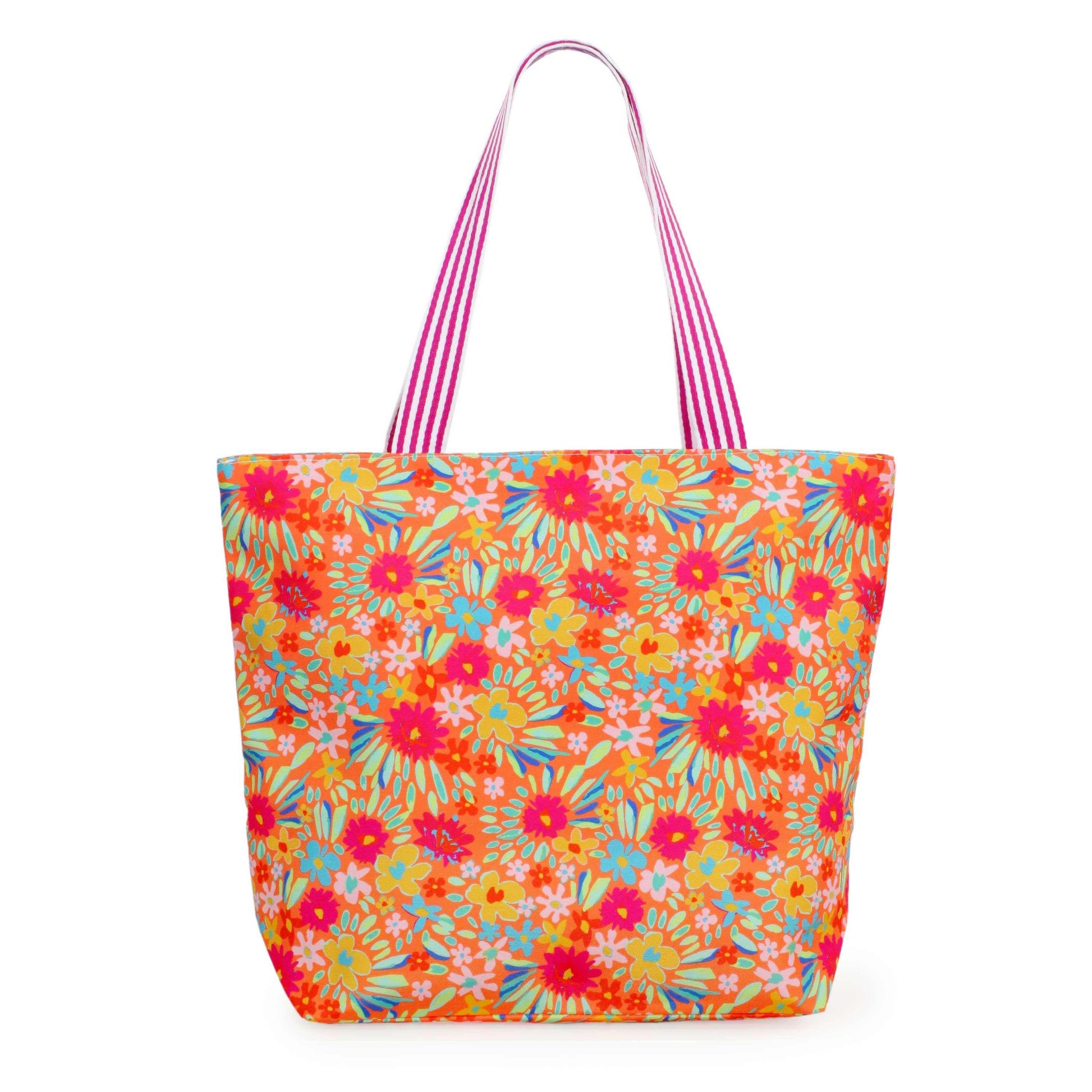 Colorful Floral Print Summer Tote BagFloral Print Tote Bag 

- Zipper Closure
- One Small Zipped Pocket Inside
- Size: 15.25" L x 19" W (5.5" Wide Bottom)
- 100% Polyester

**Light Weight, Perfect for SColorful Floral Print Summer Tote BagFashion CityScrub Angel & Accessories 