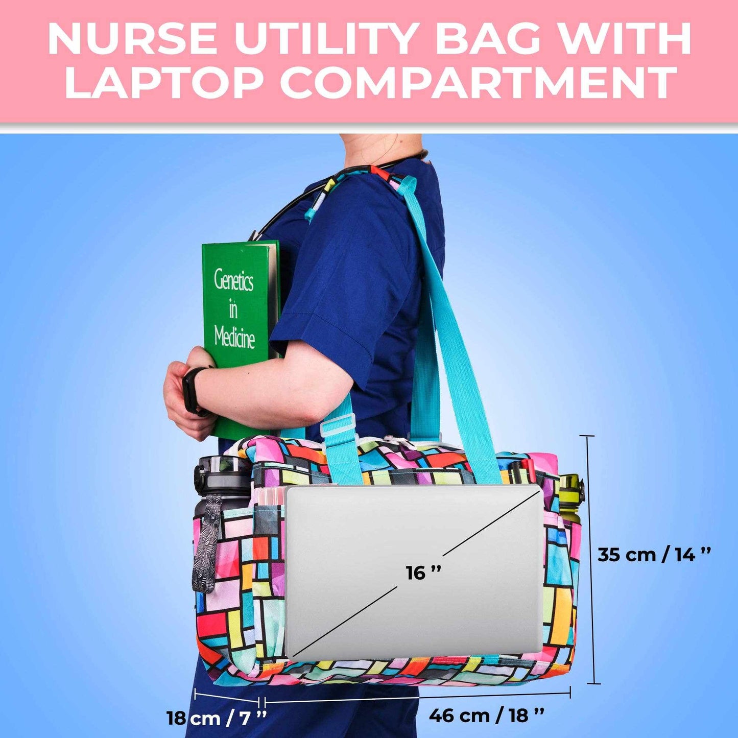 Nurse Bag and Utility Tote | Waterproof | Bright SquaresGrab Your Large SHYLERO Utility Bag and Enjoy: 

 * 14 OUTSIDE POCKETS 
 * 7 INSIDE POCKETS 
 * DEDICATED LAPTOP COMPARTMENT (UP TO 17") 
 * LARGE &amp; ROOMY - size