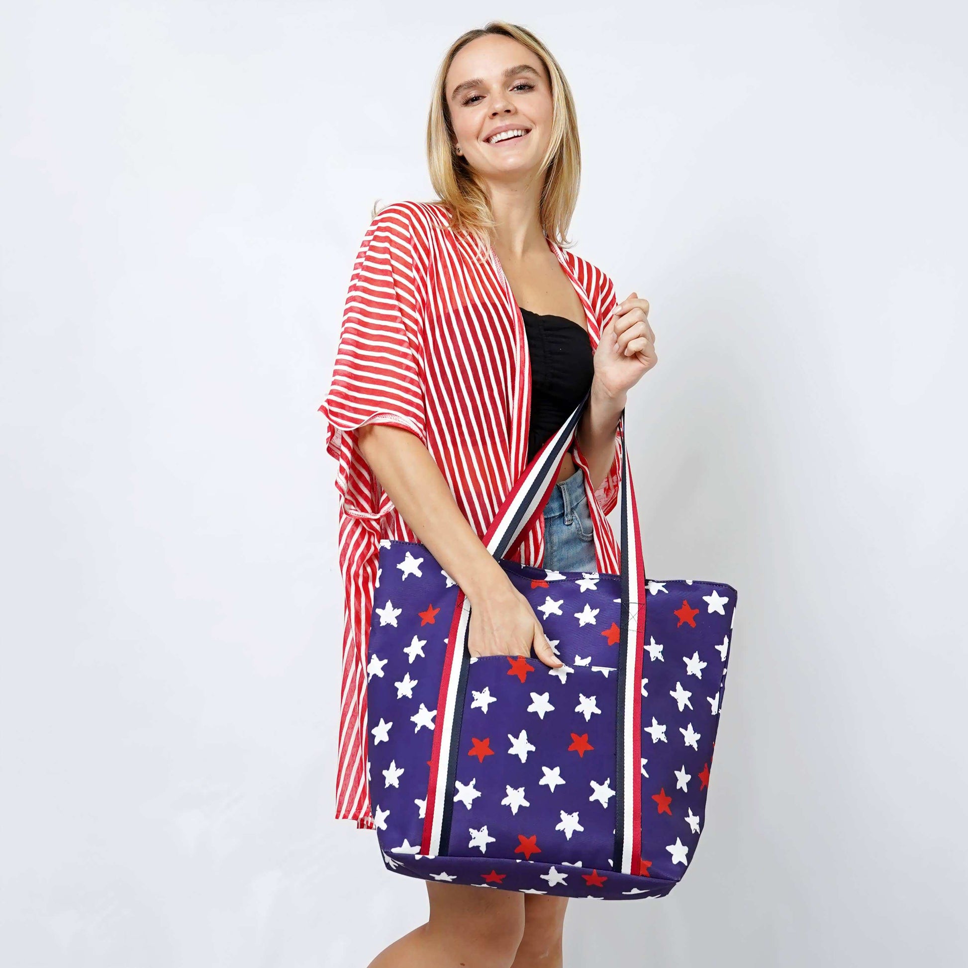 American Flag Print Summer Tote BagAmerican Flag Print Tote Bag 

- Zipper Closure
- One Small Zipped Pocket Inside
- Size: 15.25" L x 19" W (5.5" Wide Bottom)
- 100% Polyester

**Light Weight, PerfecAmerican Flag Print Summer Tote BagFashion CityScrub Angel & Accessories 