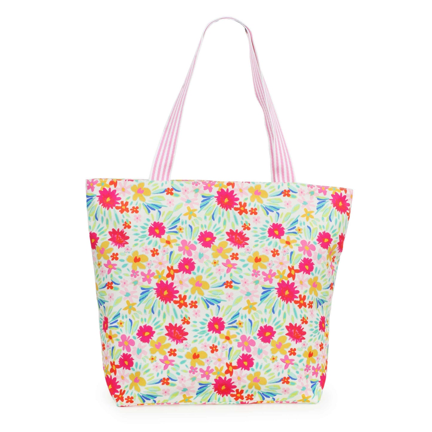 Colorful Floral Print Summer Tote BagFloral Print Tote Bag 

- Zipper Closure
- One Small Zipped Pocket Inside
- Size: 15.25" L x 19" W (5.5" Wide Bottom)
- 100% Polyester

**Light Weight, Perfect for SColorful Floral Print Summer Tote BagFashion CityScrub Angel & Accessories 