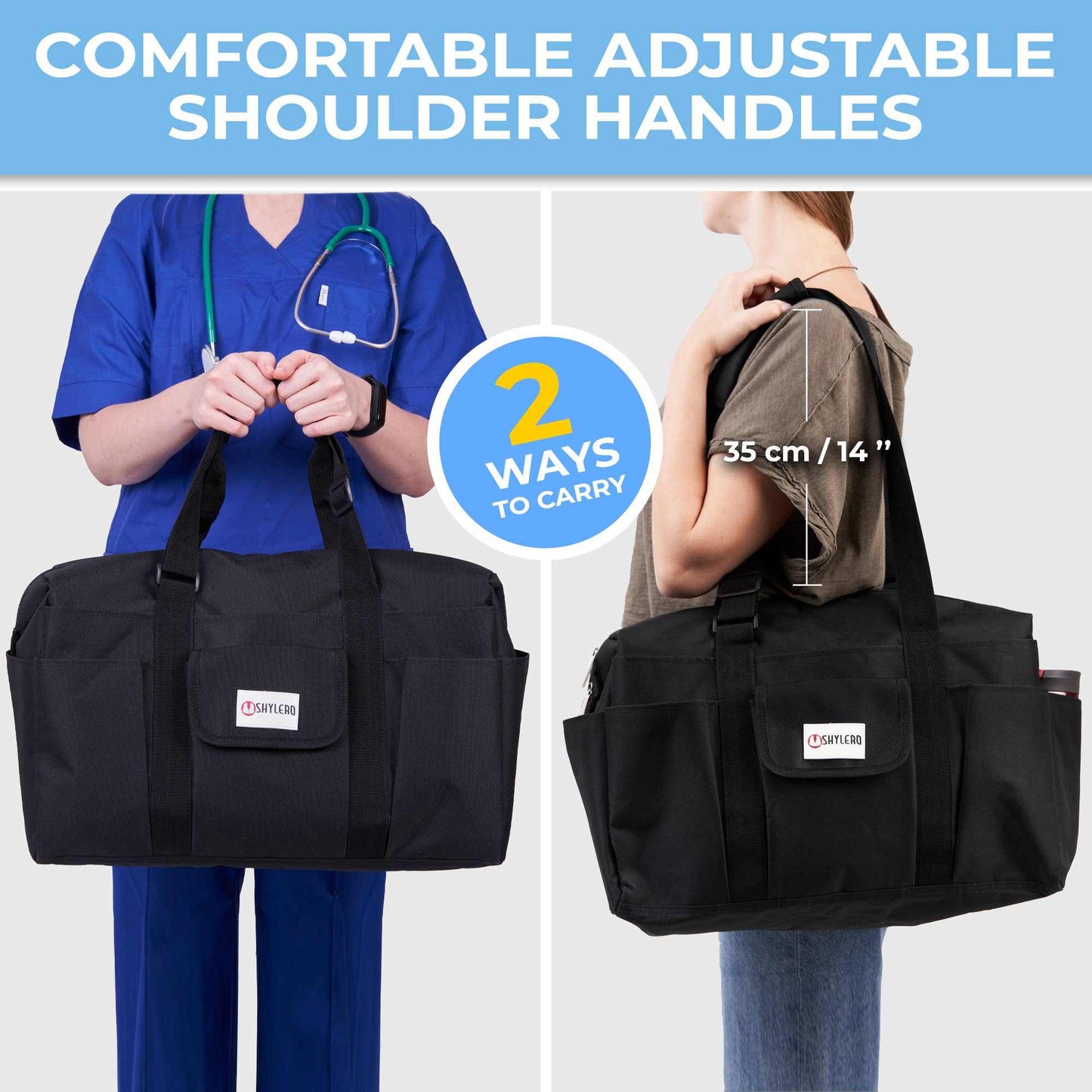 Nurse Bag and Utility Tote | Waterproof (IP64) | Solid BlackNurse Bag and Utility Tote | Waterproof (IP64) | L18"xH7"x W14" (46x18x36cm) | Top YKK® Zip | Solid Black

 Grab Your Large SHYLERO Utility Bag and Enjoy:

-14 OUTSItoteNurse BagSHYLEROScrub Angel & Accessories 